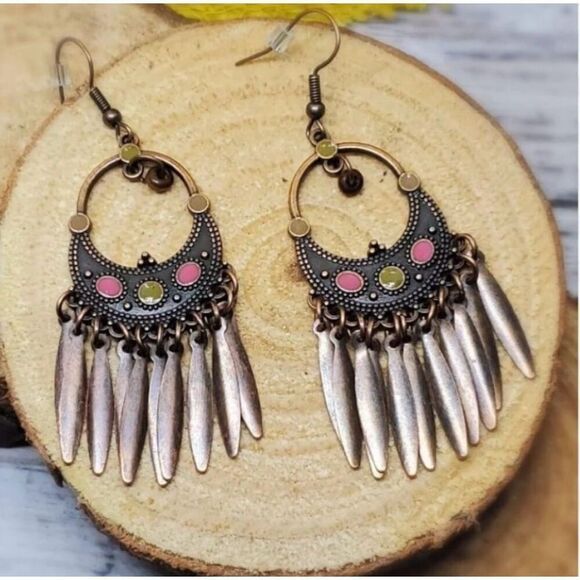 Pink Yellow Enamel and Brass Dreamcatcher Boho Drop Dangle Fashion Earrings NEW - Picture 1 of 4